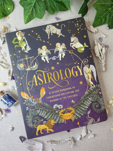 Astrology Workbook surrounded by Crystal chips and Sage