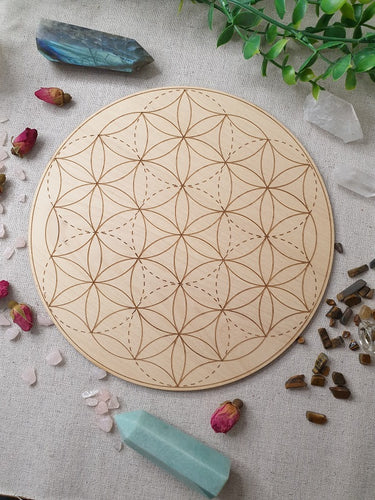 20cm Flower of Life Crystal Grid near Crystals and Herbs