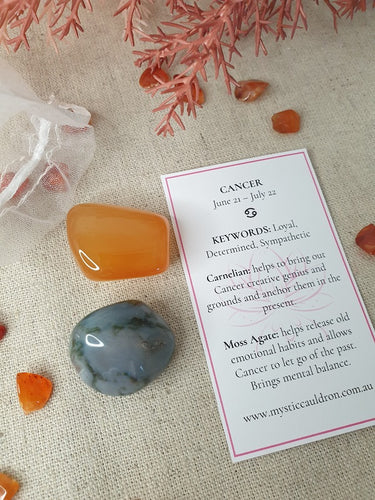 Cancer Crystals and meaning card surrounded by crystal chips