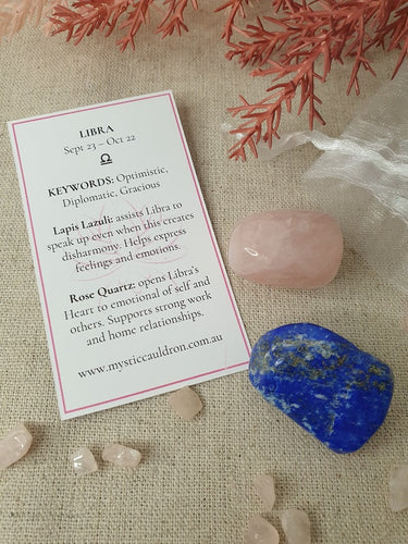Libra Crystals and meaning card surrounded by crystal chips 