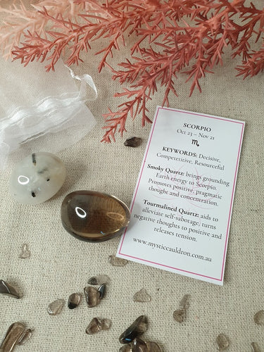 Scorpio Crystals and meaning card surrounded by crystal chips 