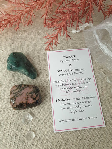Taurus Crystals and meaning card surrounded by crystal chips