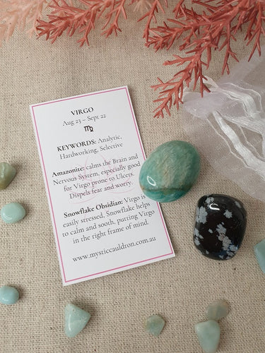 Virgo Crystals and meaning card surrounded by crystal chips 